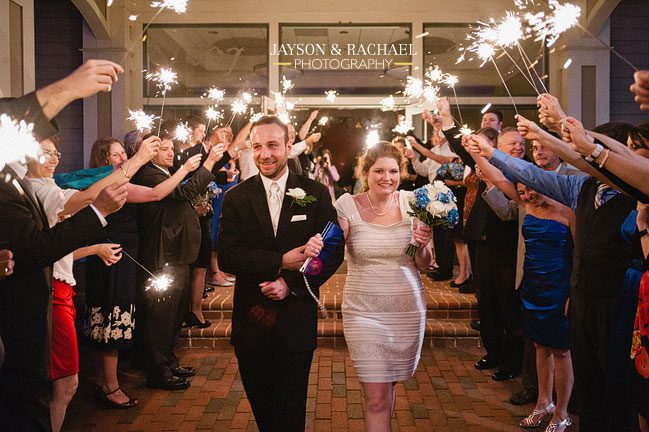 Katie and Brian's wedding reception sparkler departure, Legacy Hall Williamsburg