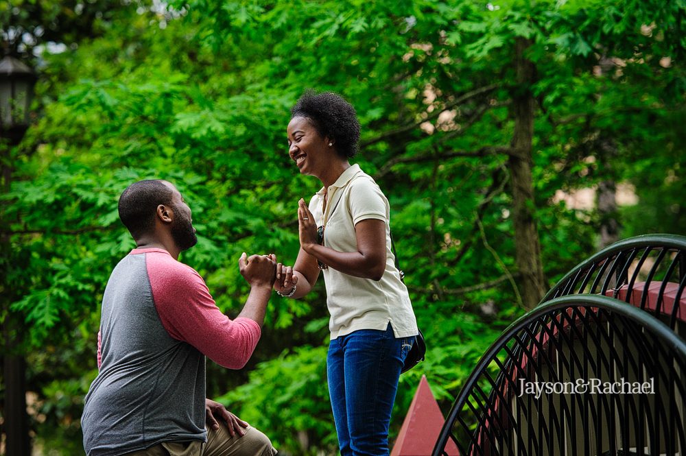 Wedding proposal on William and Mary's Crim Dell Bridge in Williamsburg VA