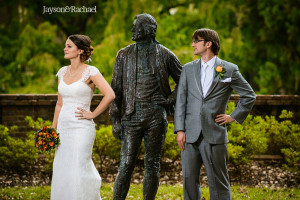 Bride and Groom with Thomas Jefferson on the College of William and Mary Campus